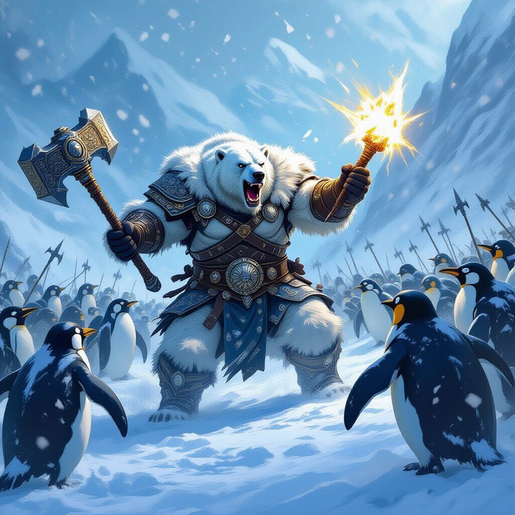 Viking Polar Bear Battles Penguin Horde on Walruses