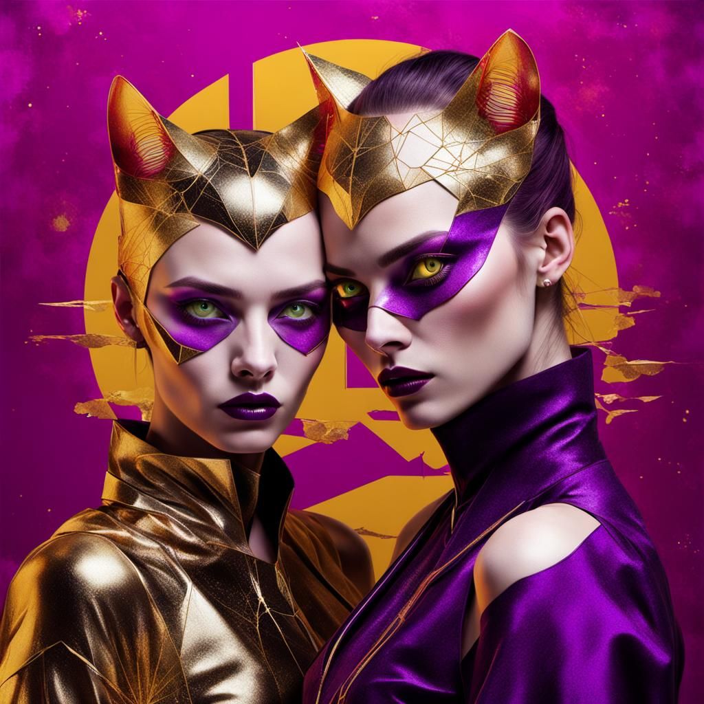 Cyberpunk Cat and Vampire Couple in Kintsugi Style