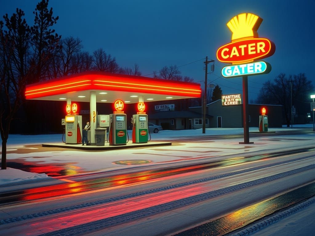 Empty gas station at night with snow in 2001, nostalgia