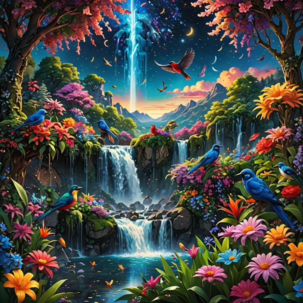 Lush Fantasy Landscape with Waterfall and Starry Sky