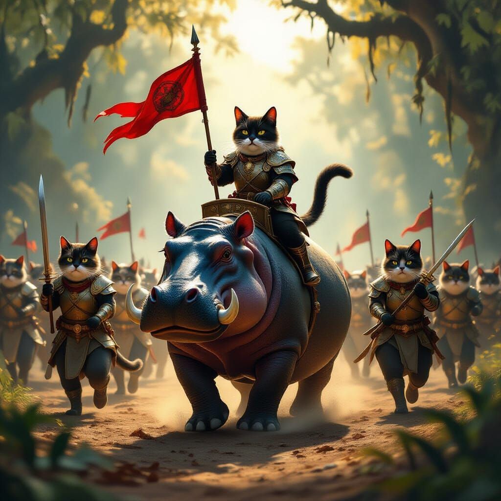 Cat Army Led by Siamese Cat on Pygmy Hippo