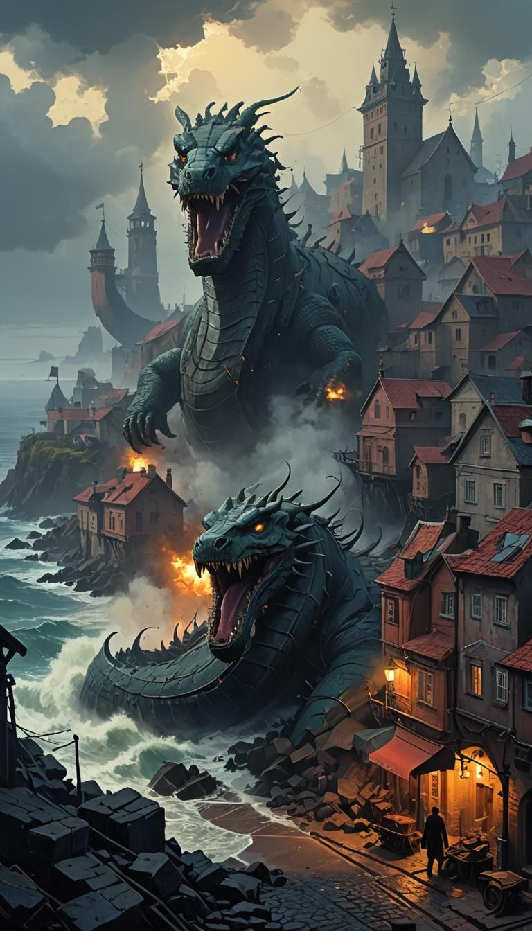 Mythic Sea Serpent Destroys Coastal Town