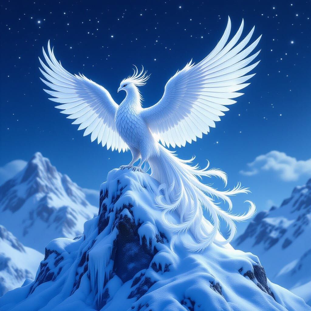 Majestic Ice Phoenix on Snowy Peak in Starry Night