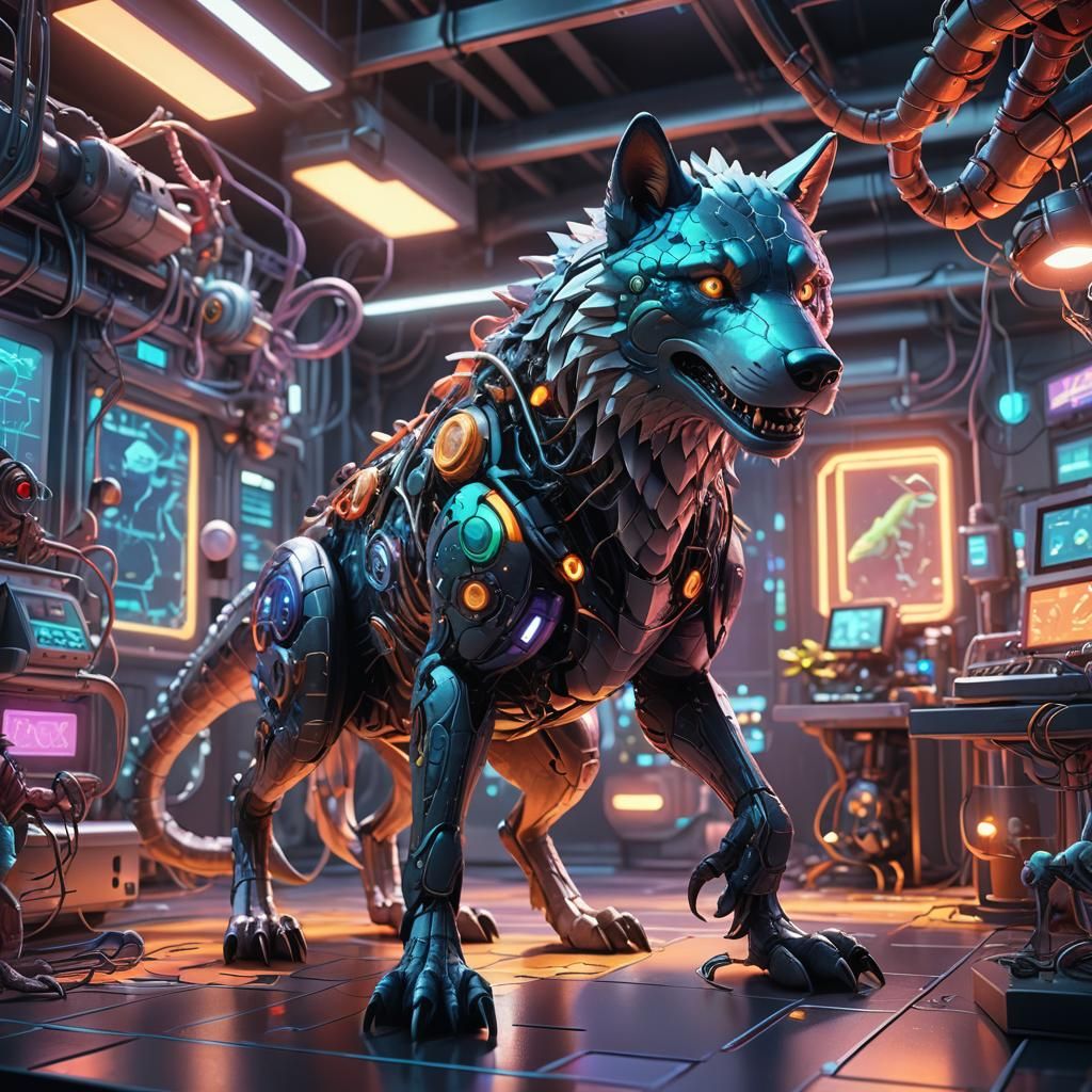 Wolf, Dinosaur, and Ant in a Neon Laboratory