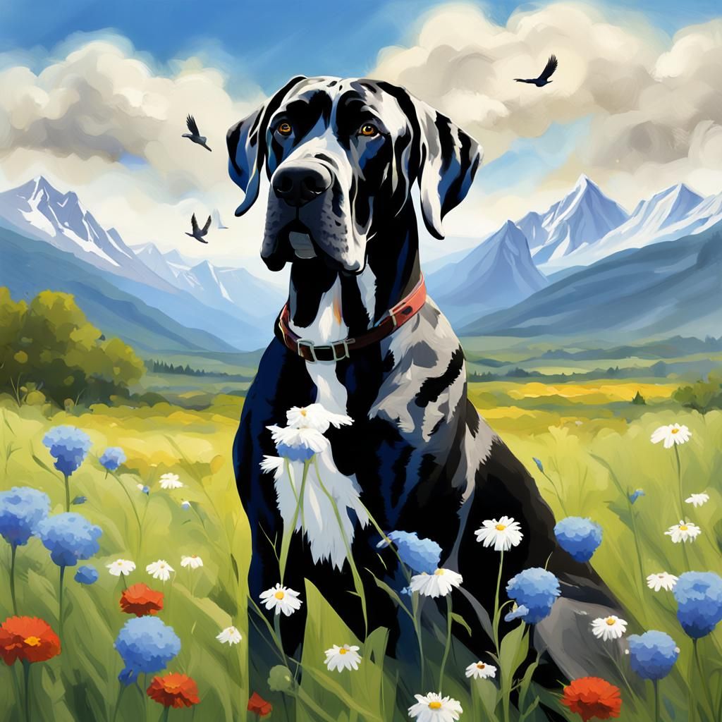 Alert Great Dane in Wildflower Field: Detailed Portrait