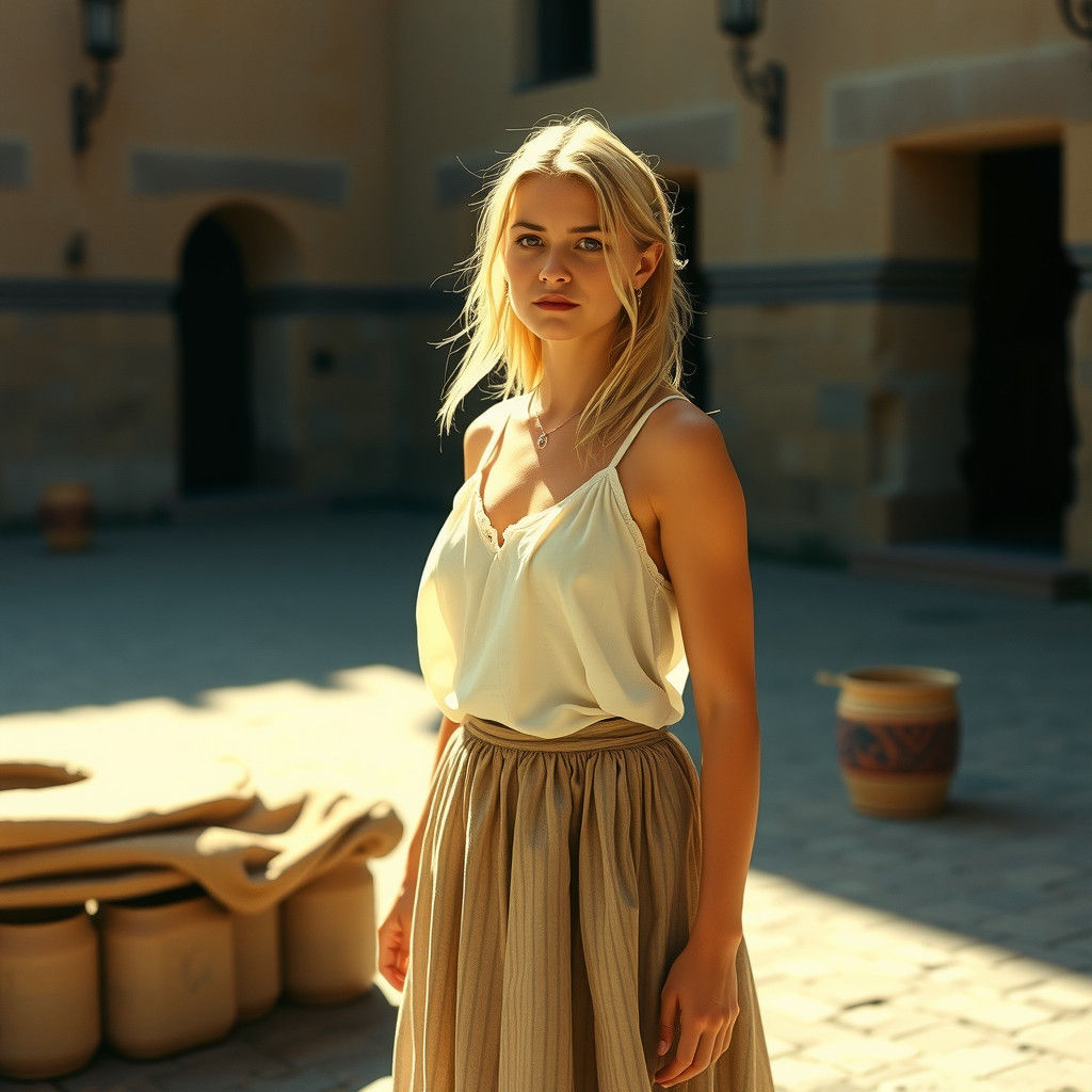 Peasant Woman in Sunny Spanish Courtyard