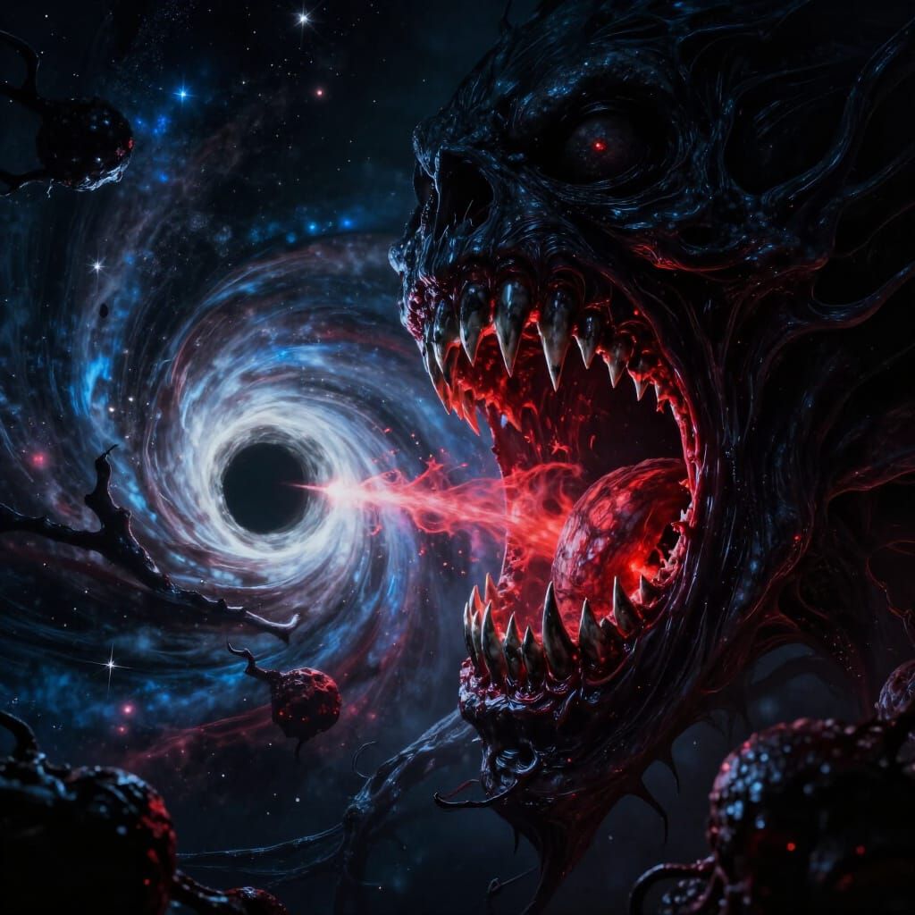 Cosmic Horror Black Hole Devouring White Hole and Stars