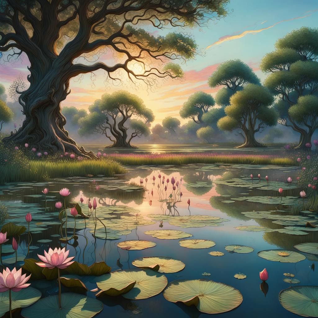 Sunrise Over Field with Lotus Flowers