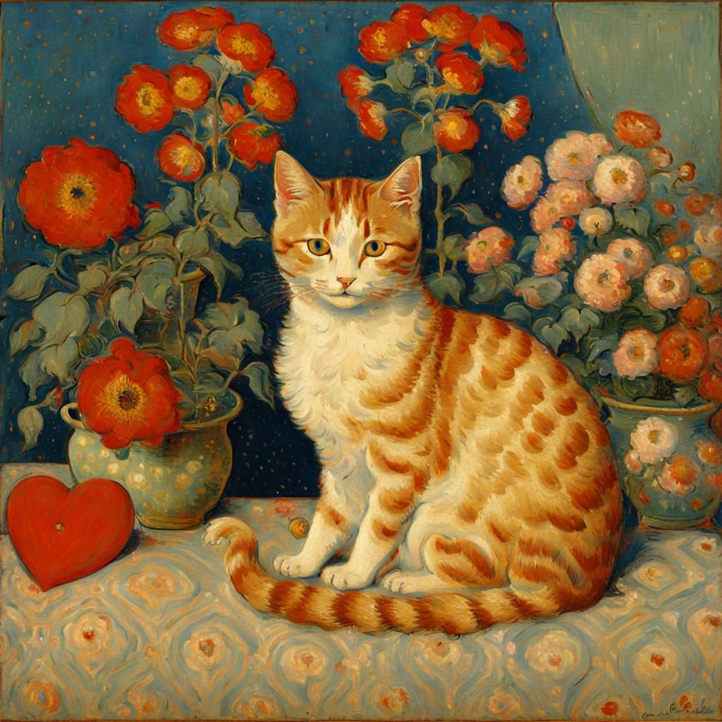 Cat on Pillow in Pointillist Style