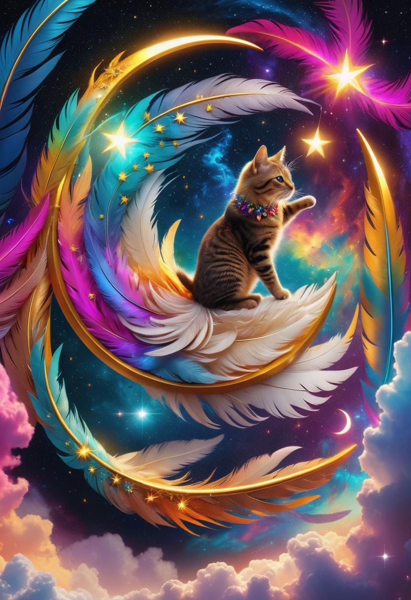 Cat on Crescent Moon in Cosmic Dreamscape