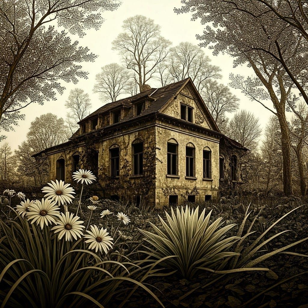 Overgrown Wildflowers Around Abandoned House: Ink Drawing