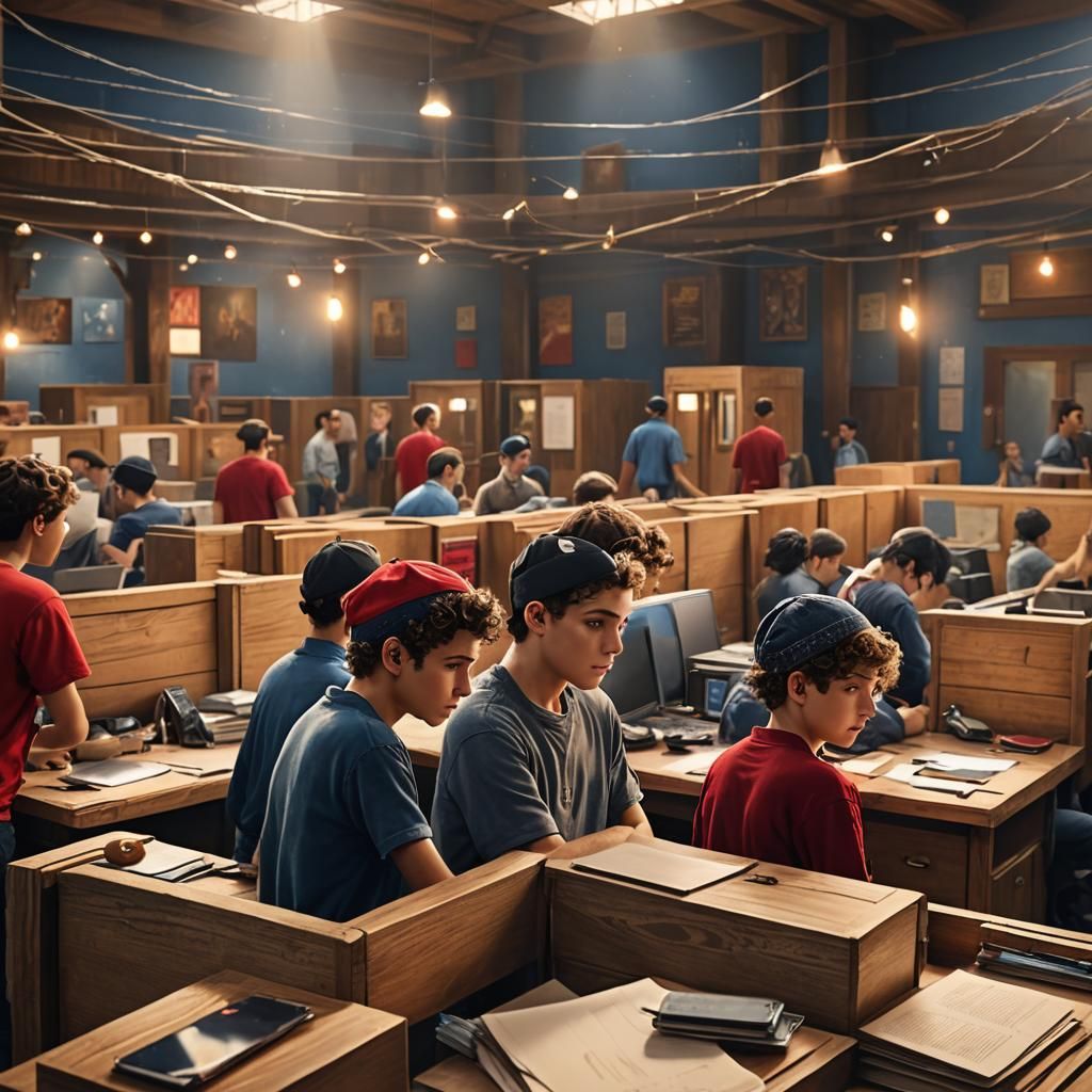 Vibrant Jewish Boys in Cubicles: Photorealistic Matte Painti...