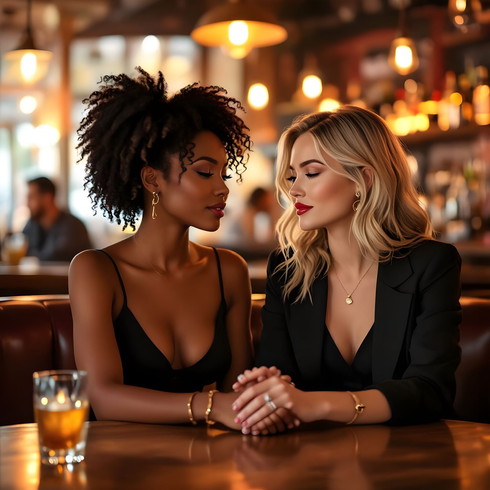 Two Women Holding Hands in a Trendy Bar