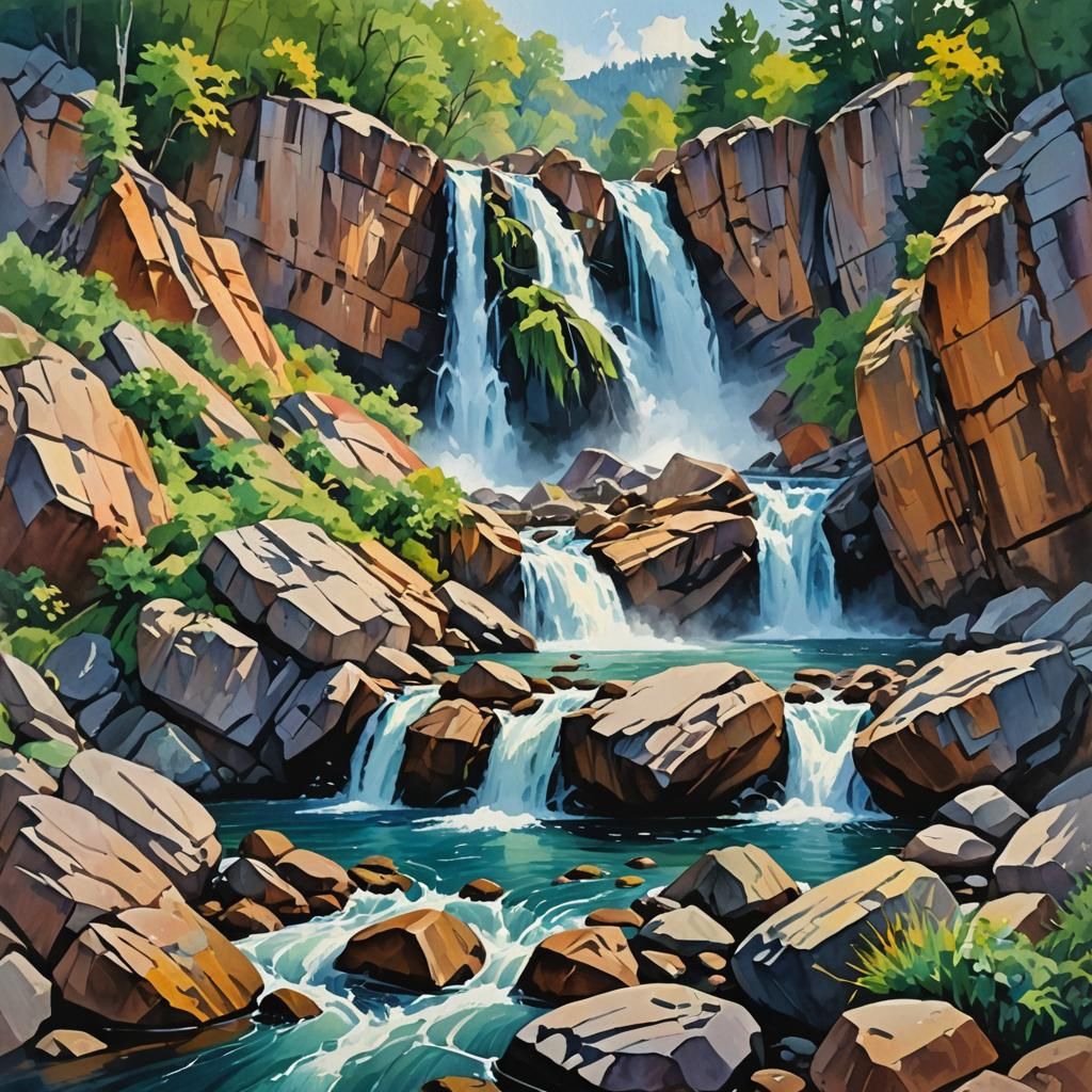 Waterfall on Rocks: Gouache Impressionist Masterpiece