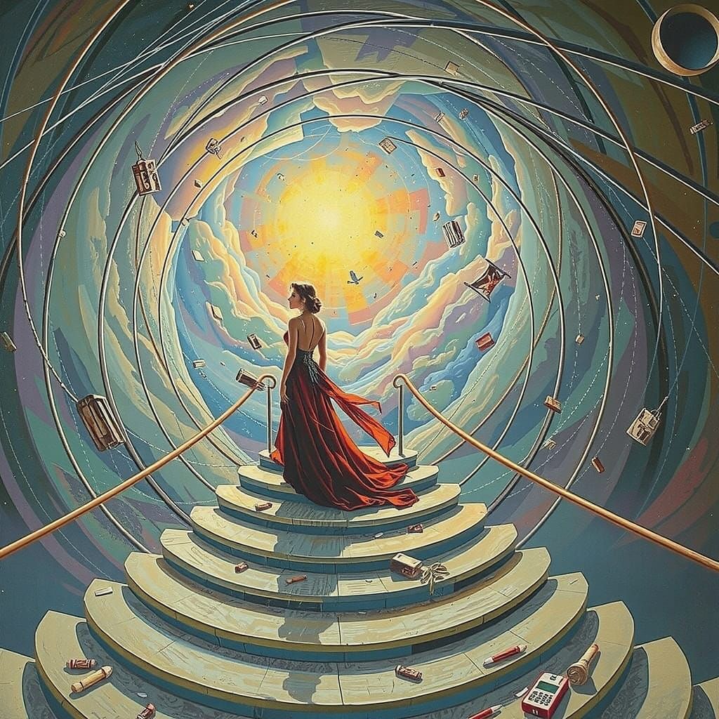 Elegant Woman on Staircase in Hyperrealistic Art