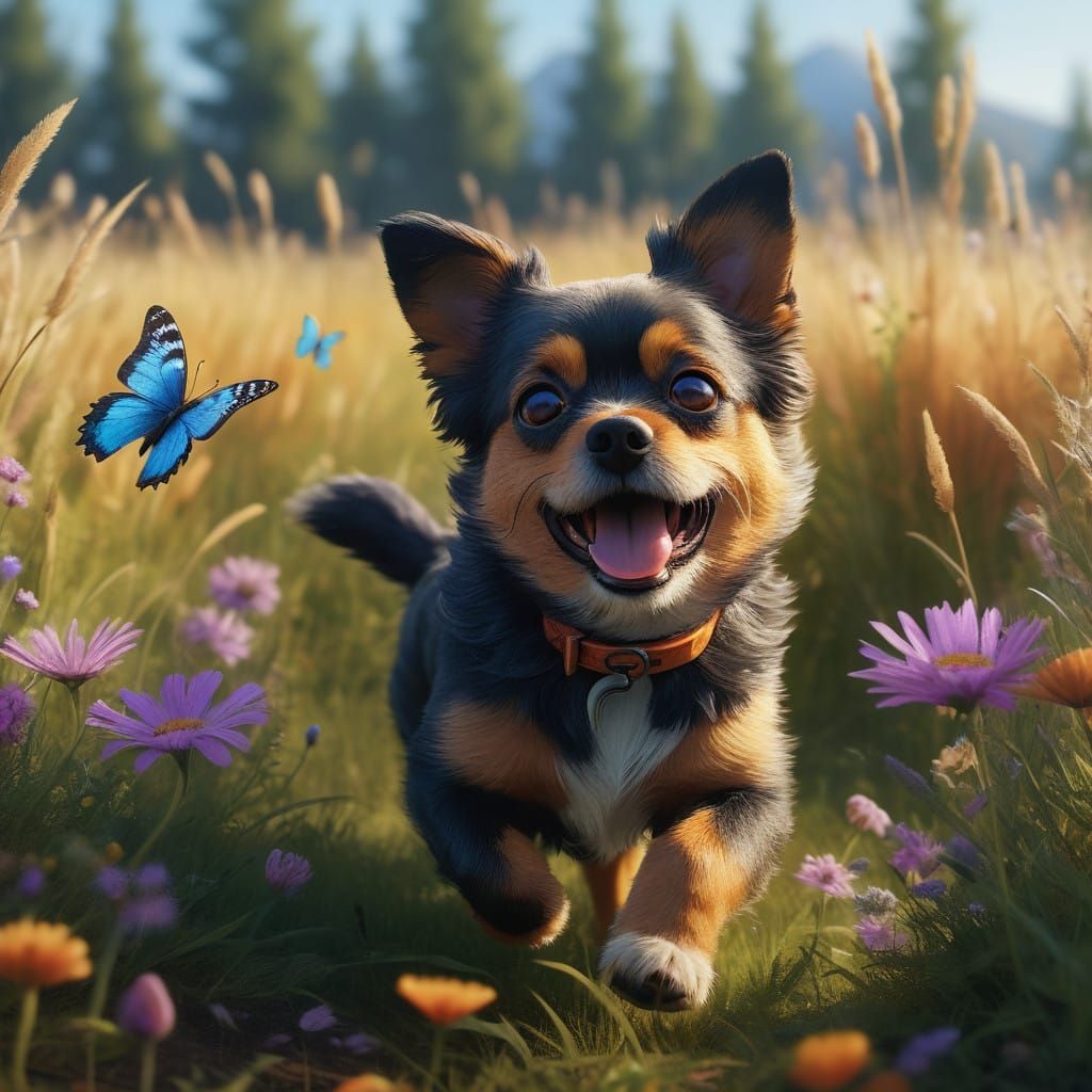 Whimsical Meadow Scene with Dog and Butterfly
