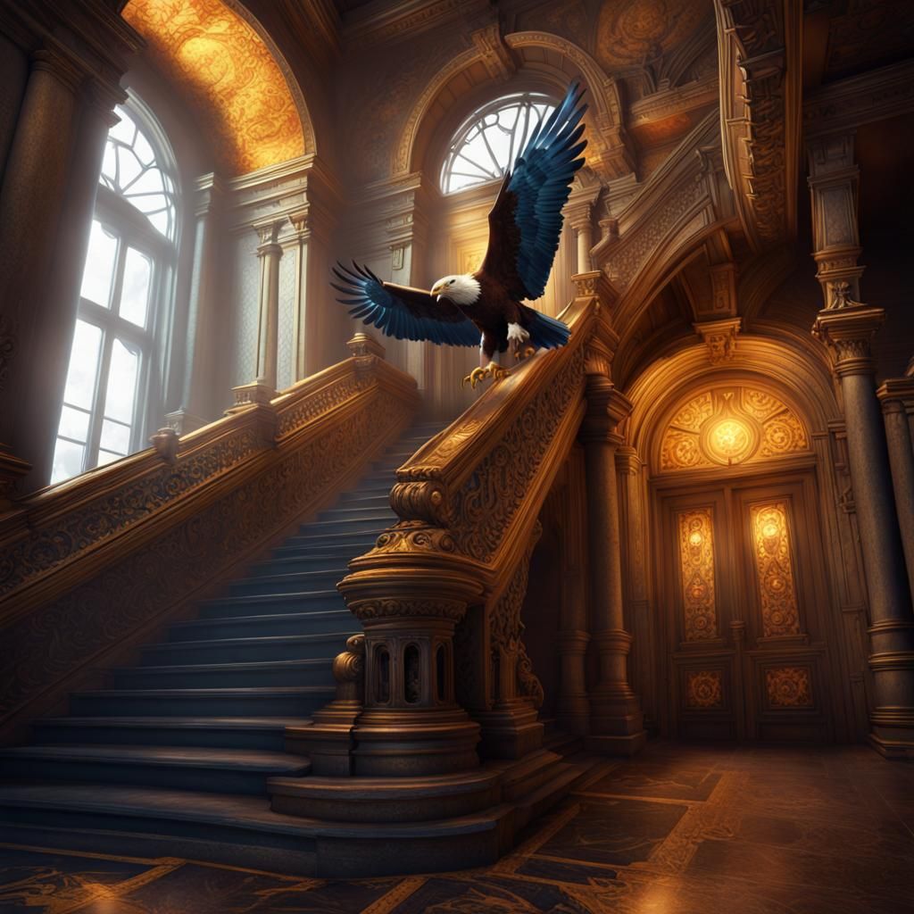 Eagle on Historic Staircase: Dark Fantasy Concept Art