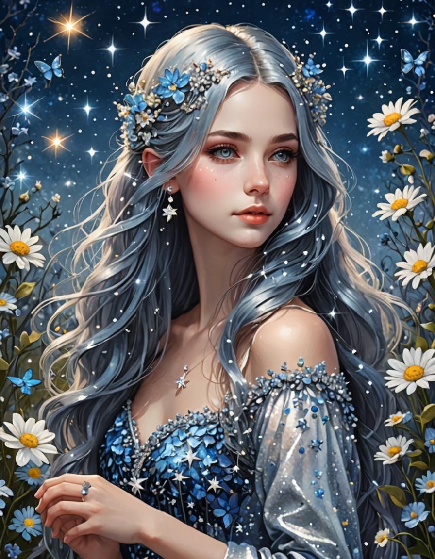 Fantasy Woman with Blue Hair and Starry Dress