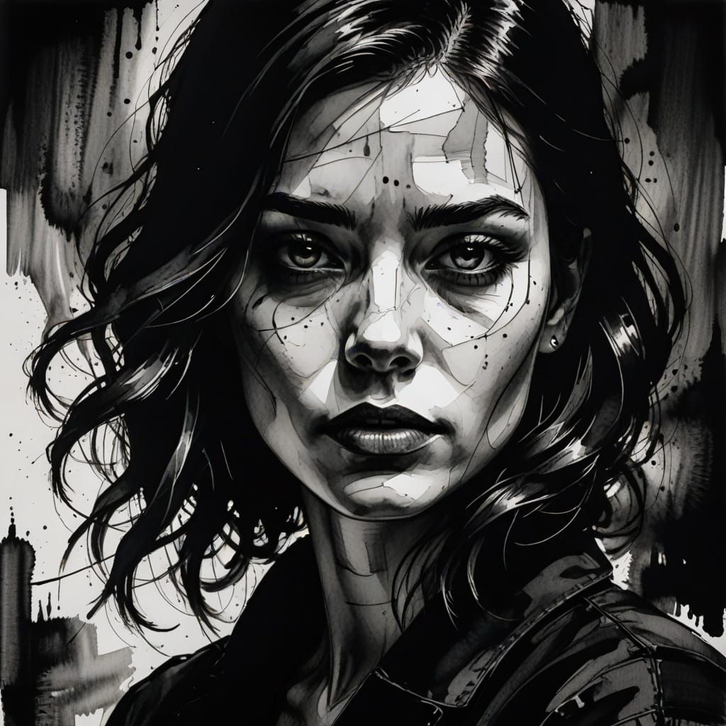Dramatic Ink Drawing Portrait of Young Woman
