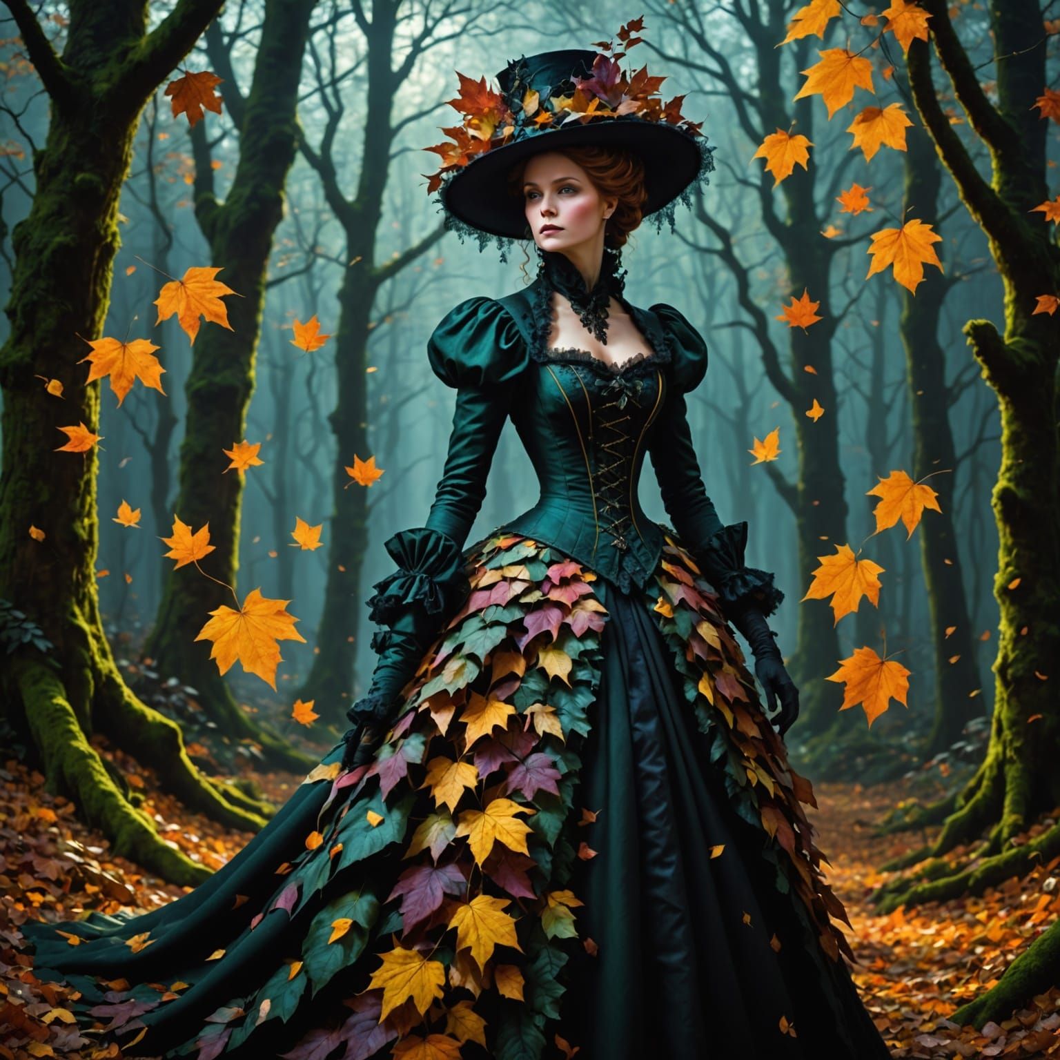 Elegant Victorian Lady Formed by Autumn Leaves