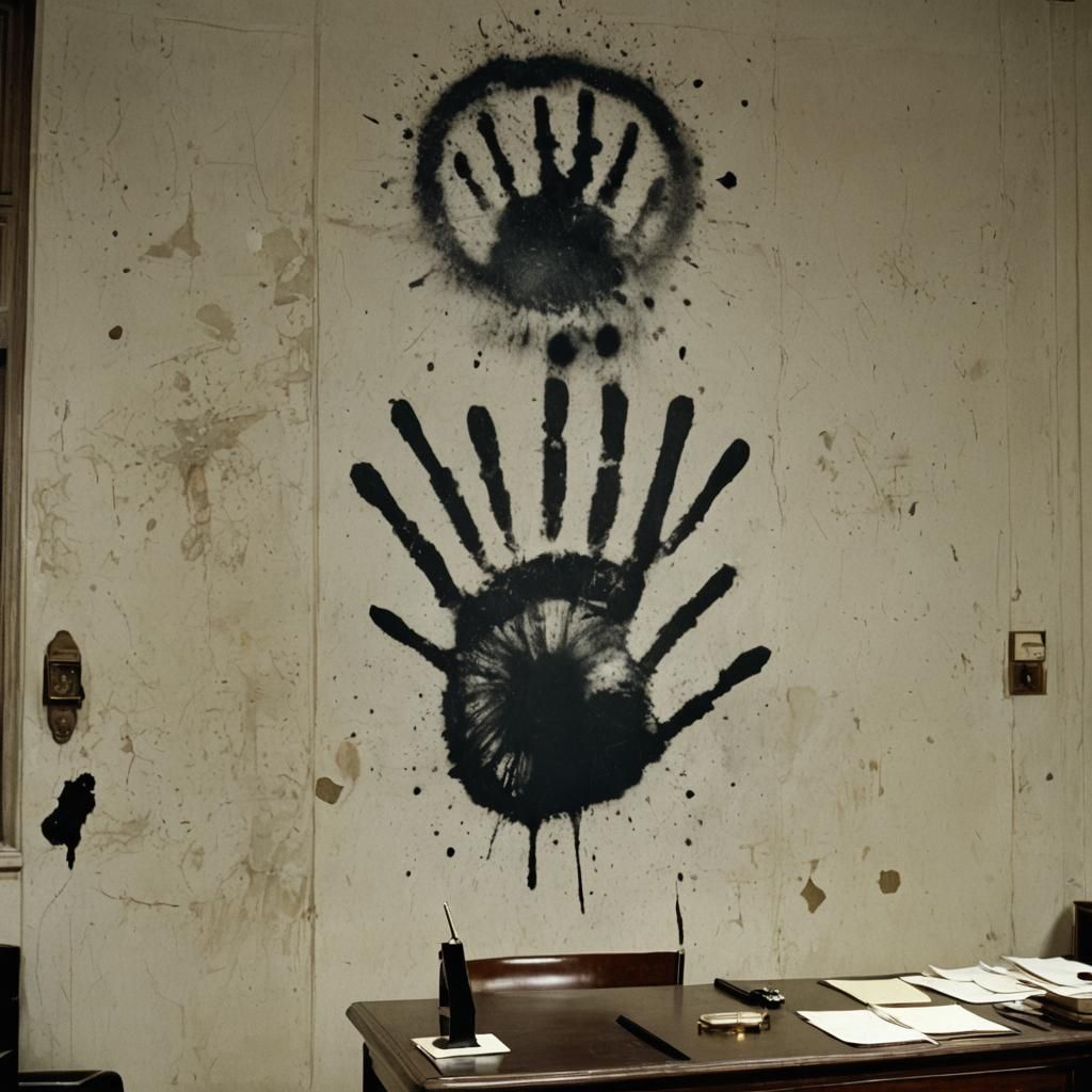 Ornate Office Scene with Bullet Hole and Handprint