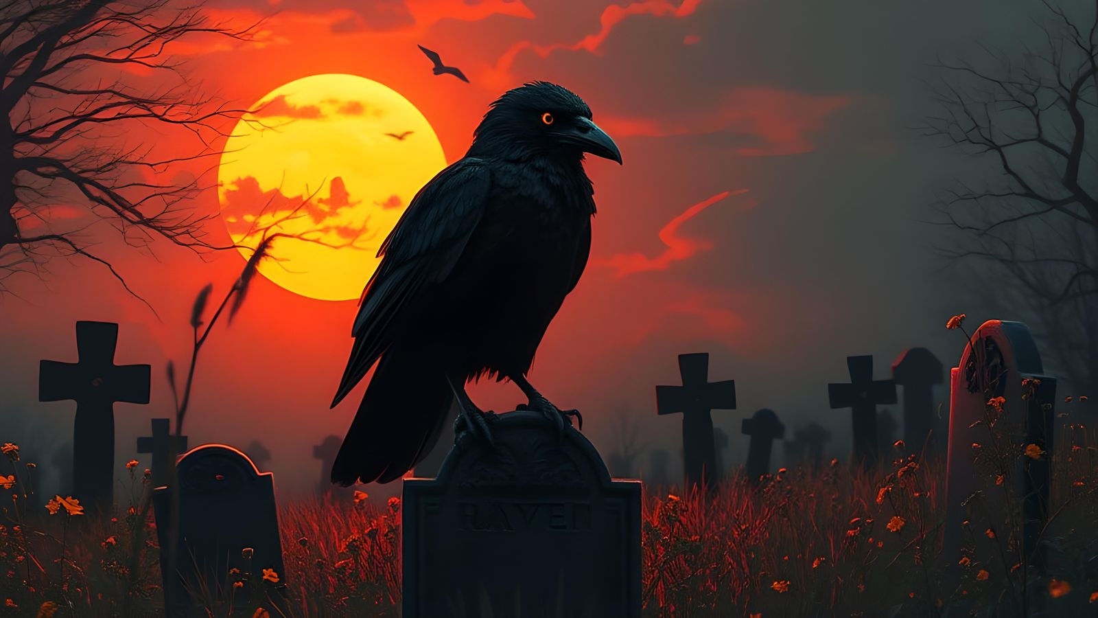Raven in Graveyard: Color Print Art
