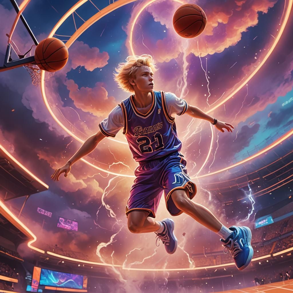 Boy Shooting Hoop in Glowing Stadium: Digital Art