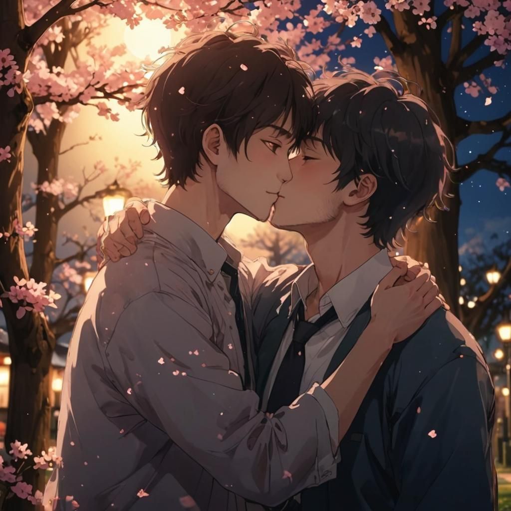 Gay Couple Kissing Under Cherry Tree in Anime Style