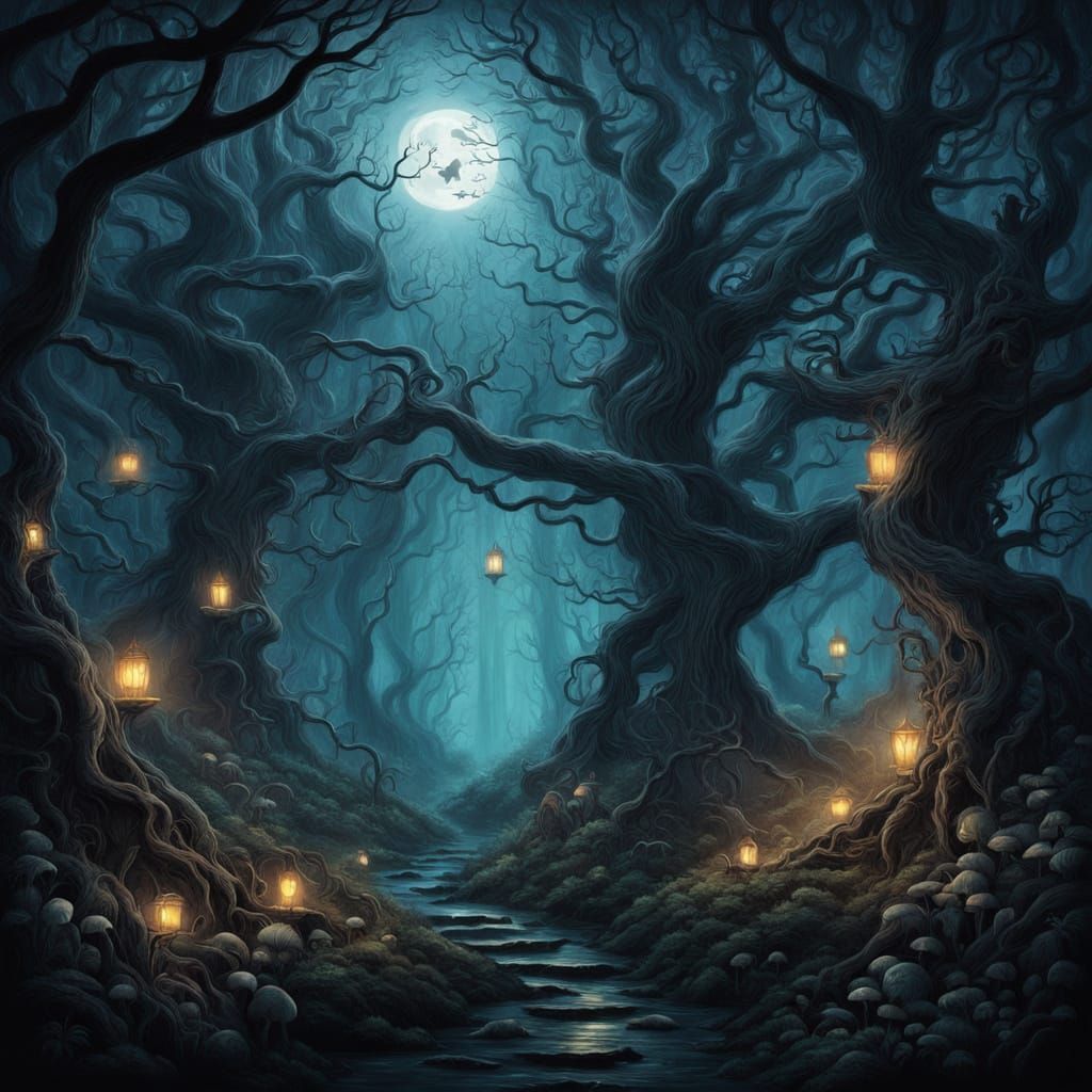 Mystical Witches Gather in Twisted Forest, in Whimsical Illu...