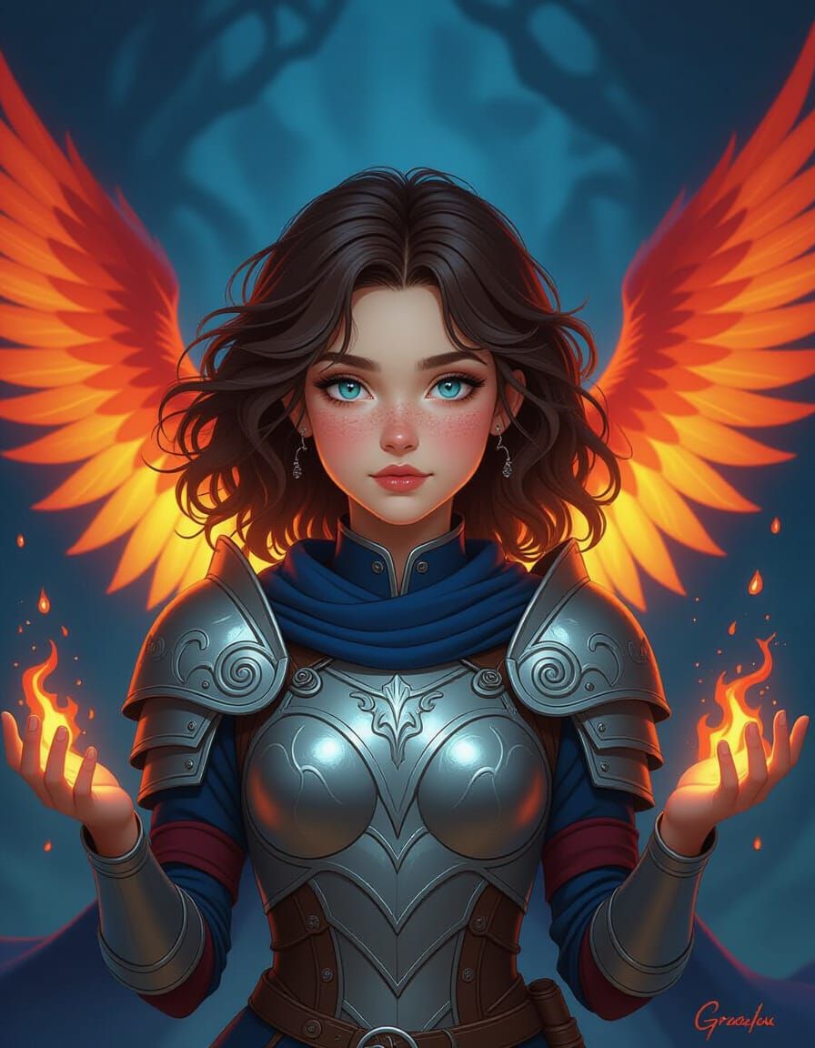 Fantasy Warrior Girl With Fiery Phoenix Wings
