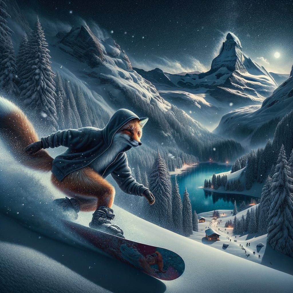 Hooded Fox Snowboarding at Night in Romantic Style