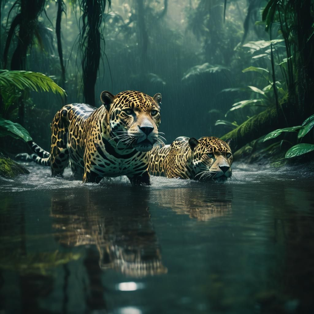 Jaguars Swimming in Rainforest: Cinematic Film Still