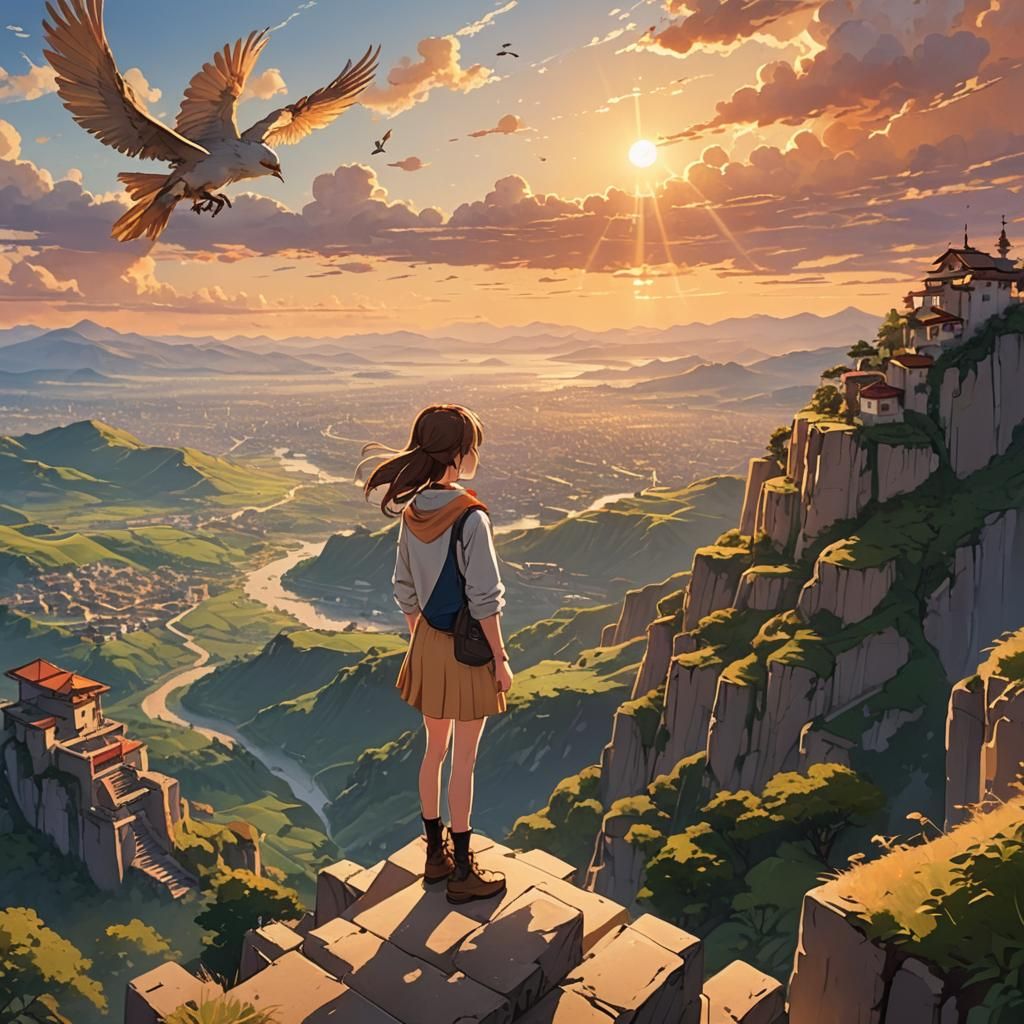 Anime Woman Gazing at Distant Mountains