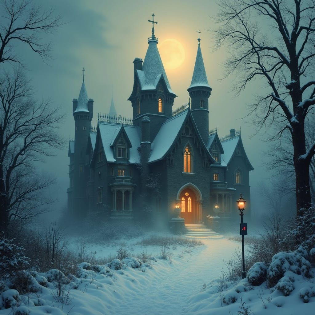 Ethereal Winter Mansion in a Haunting, Mystical Style