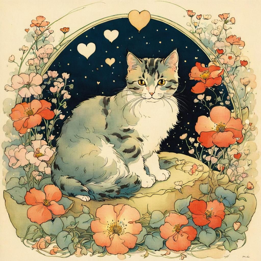 Cute Cat with Flowers in Art Nouveau Style