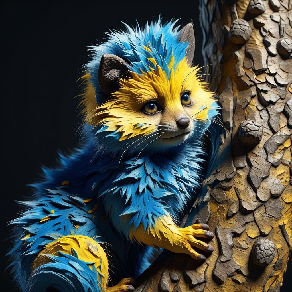 Blue and Yellow Furry Creature in Tree