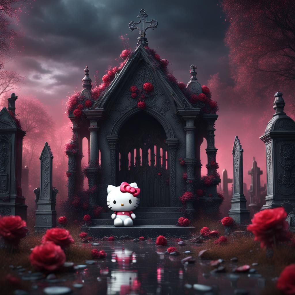 Gothic Hello Kitty Crying in Graveyard: Detailed Matte Paint...
