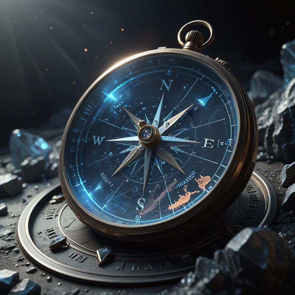 Diamond Compass with World Map Reliefs in 3D Render