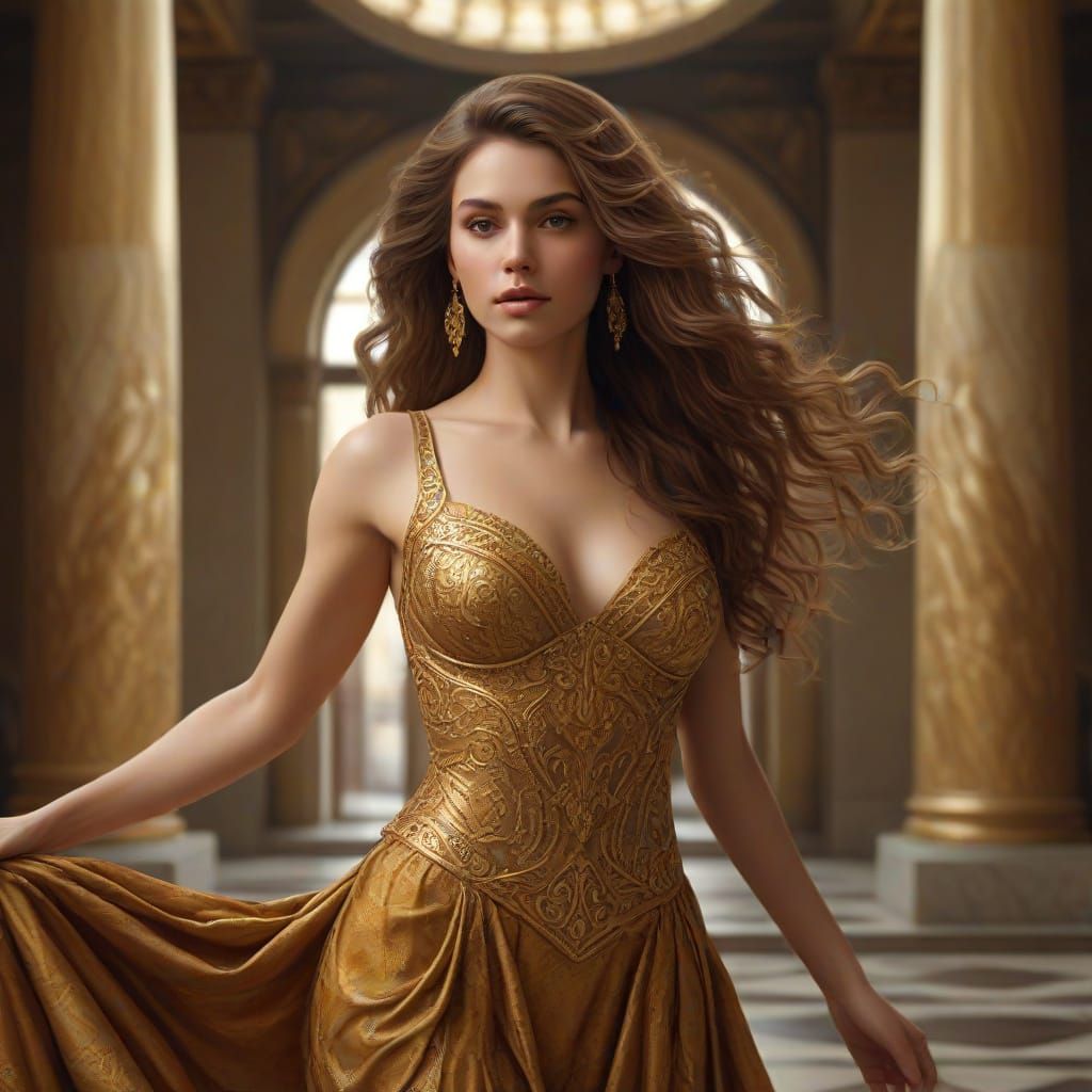 Majestic Goddess in Opulent Ancient Setting, Oil Painting