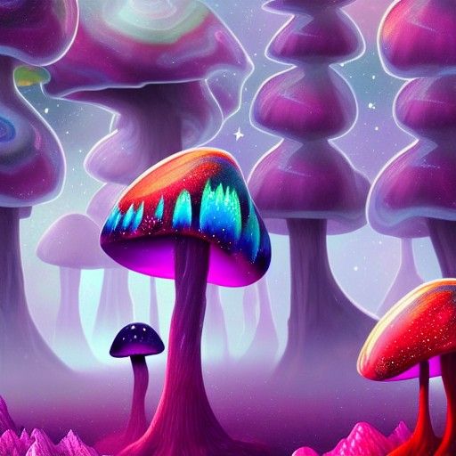 Psychedelic Glass Mushrooms on Alien Crystal World