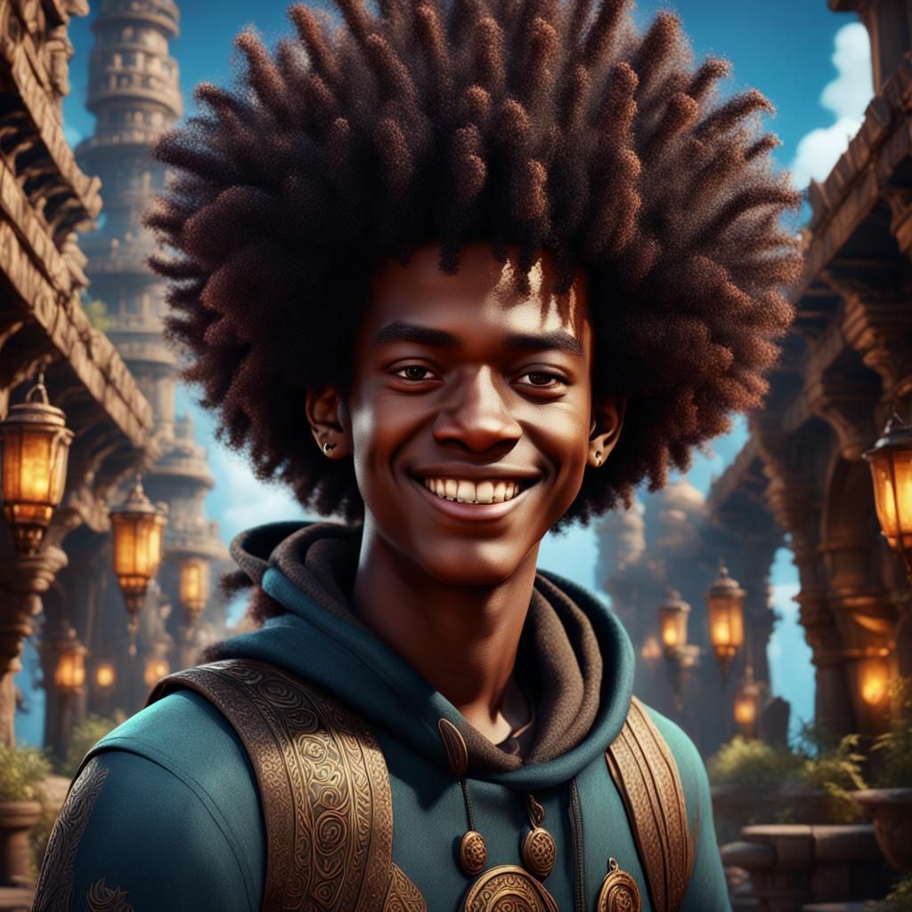 Black Teen with Afro and Evil Smile, Detailed Fantasy Art
