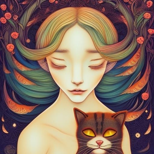 Girl with Animals in Magic Realism Coloring Book Style