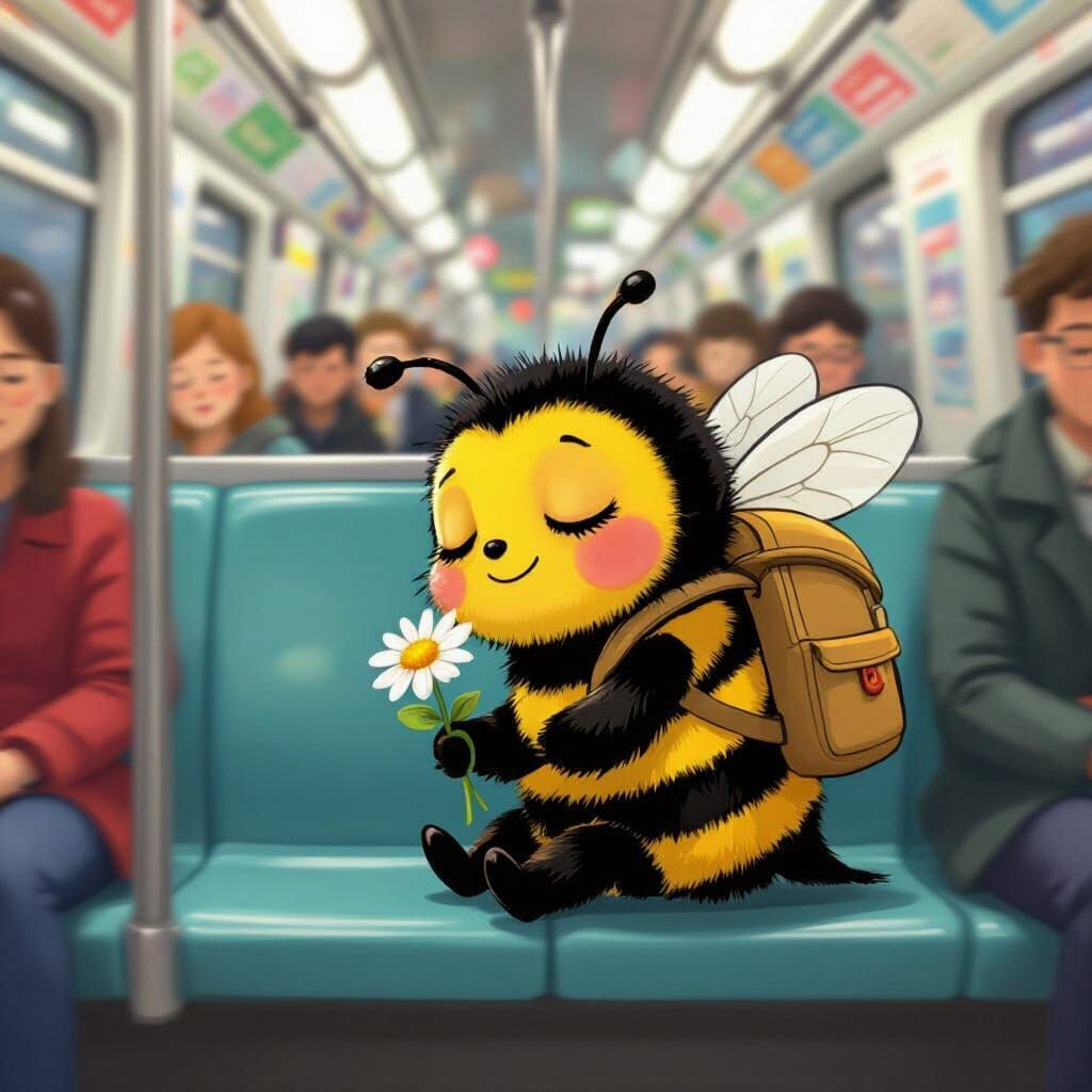 Cartoon Bee Sleeping on Tube Train, Hand-Drawn Style