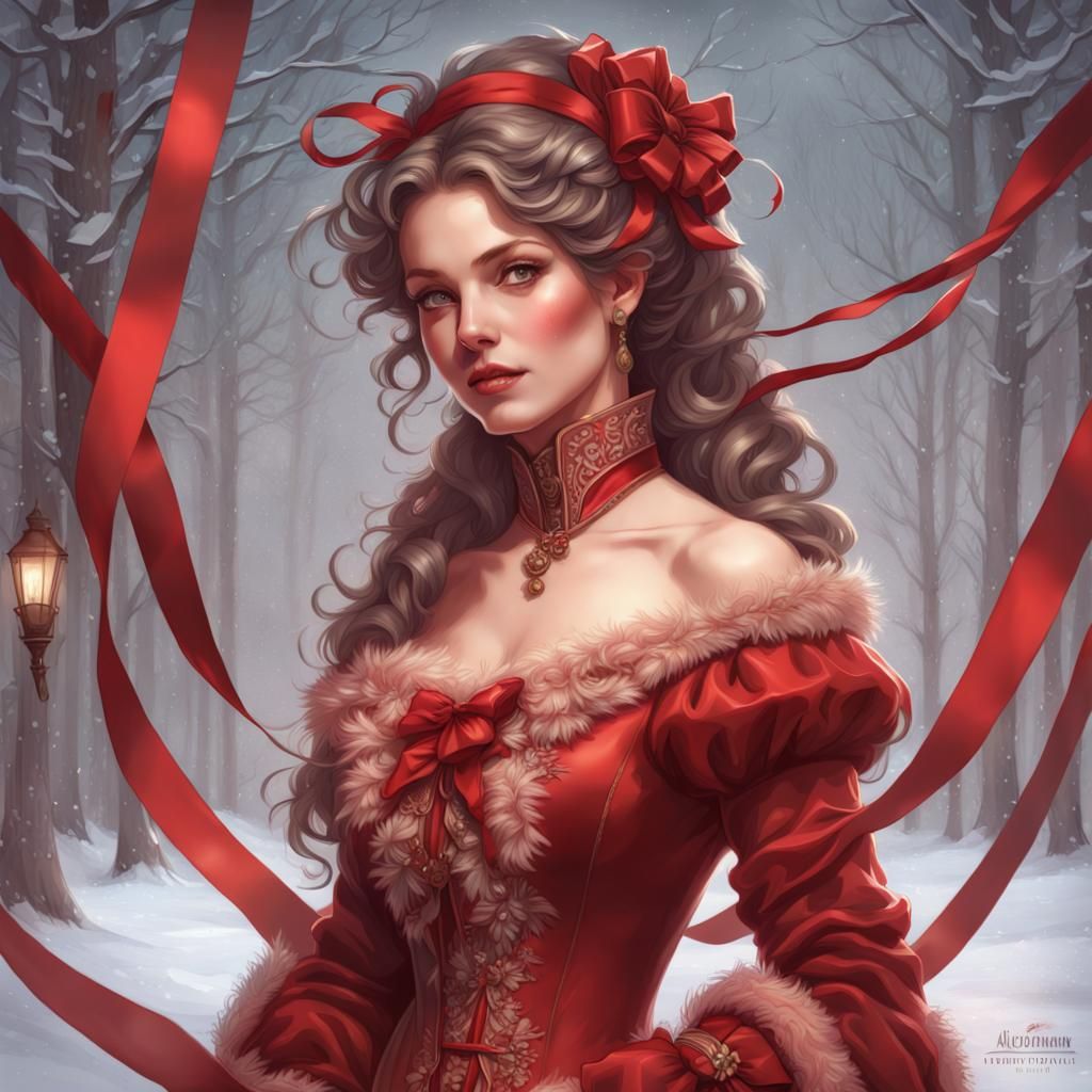 Victorian Woman in Red Christmas Gown Portrait