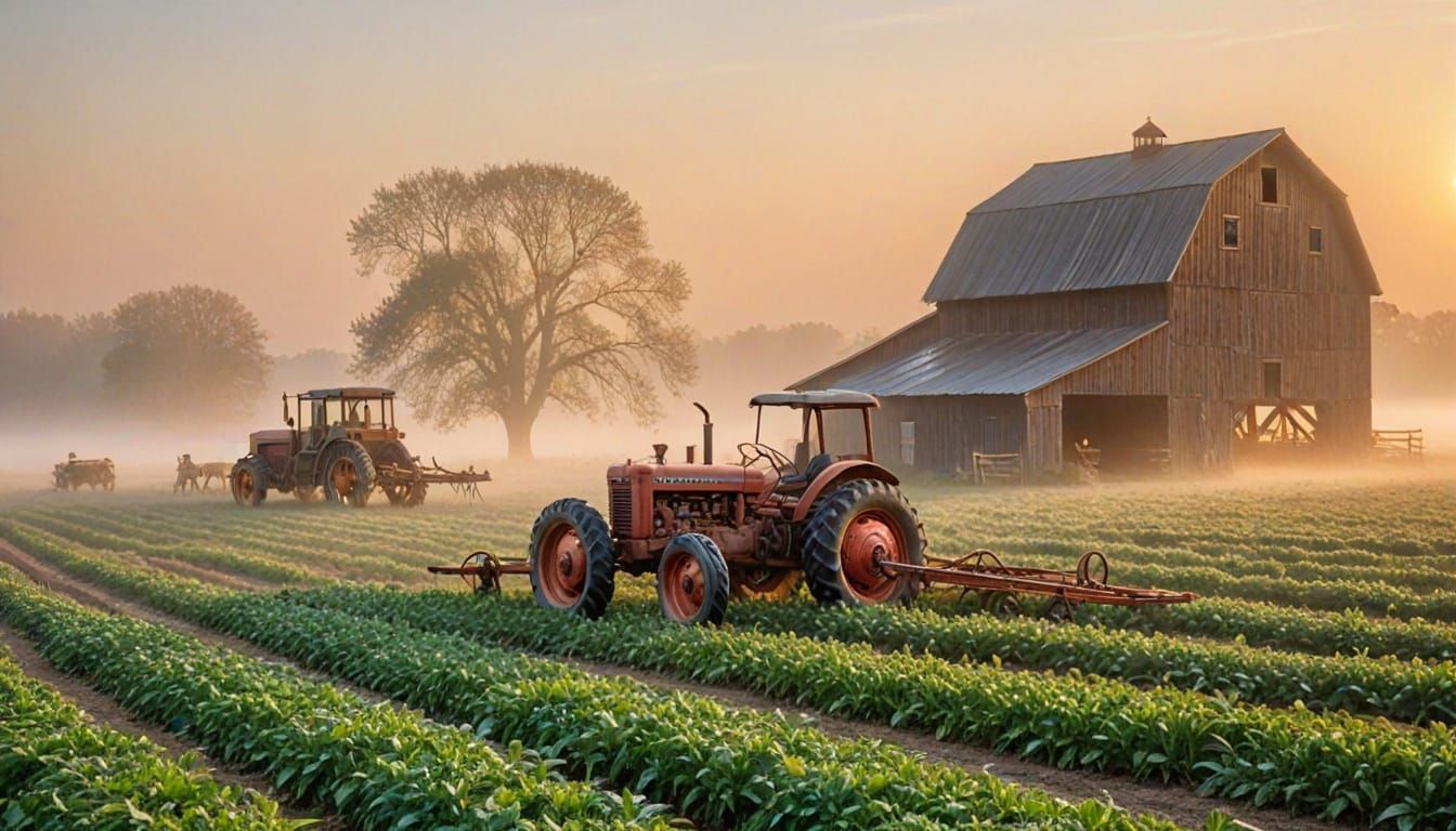 Dreamy Impressionist Morning Landscape with Golden Hour Farm...