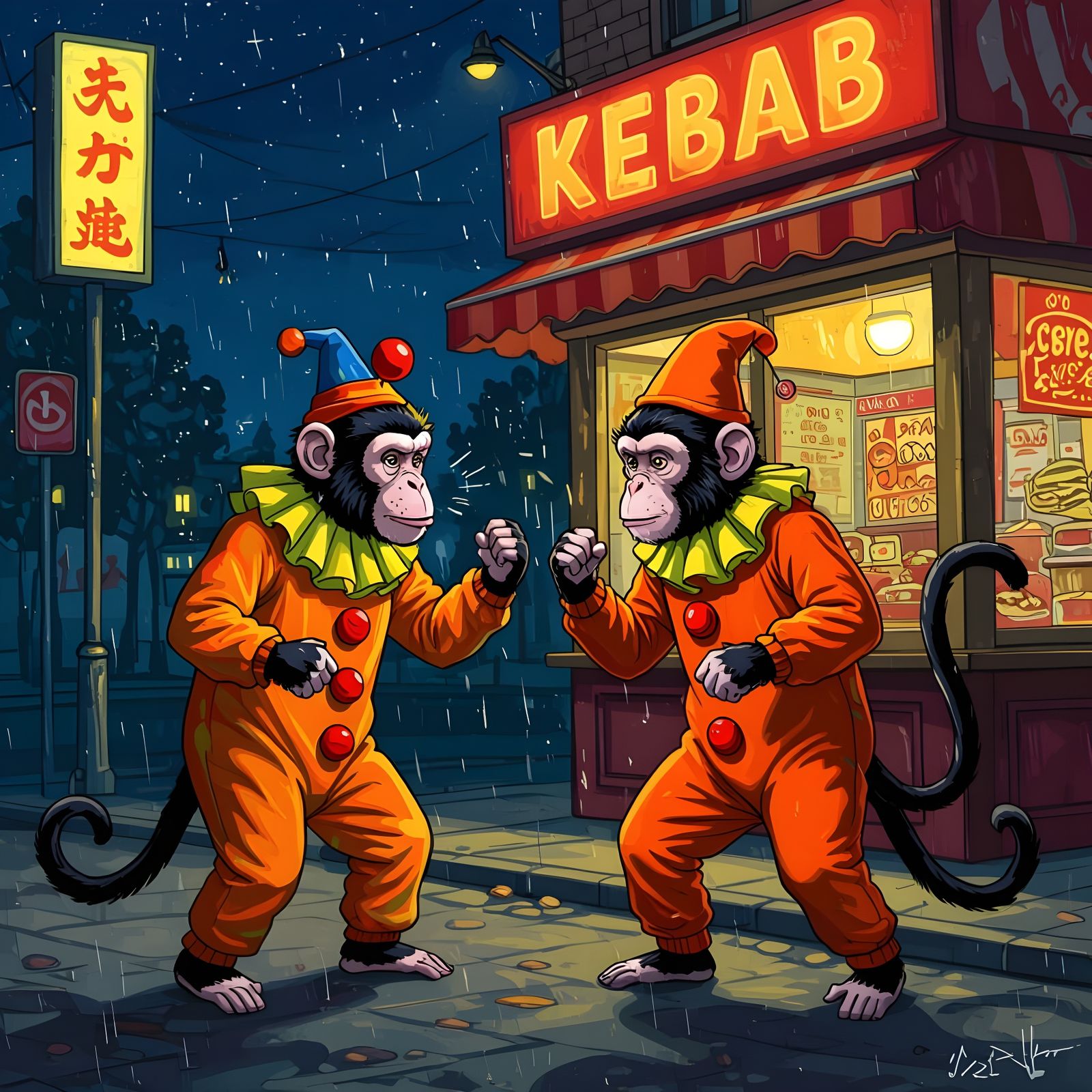 Monkeys Brawl Outside Kebab House, One in Clown Costume
