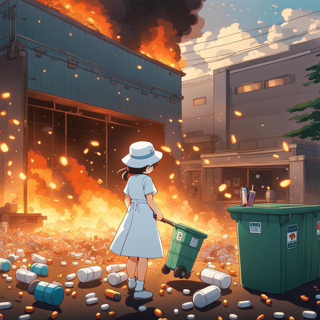 Hospital with dumpsters on fire, chibi nurse in foreground in white dress with white nurse hat, pills raining down, pill...