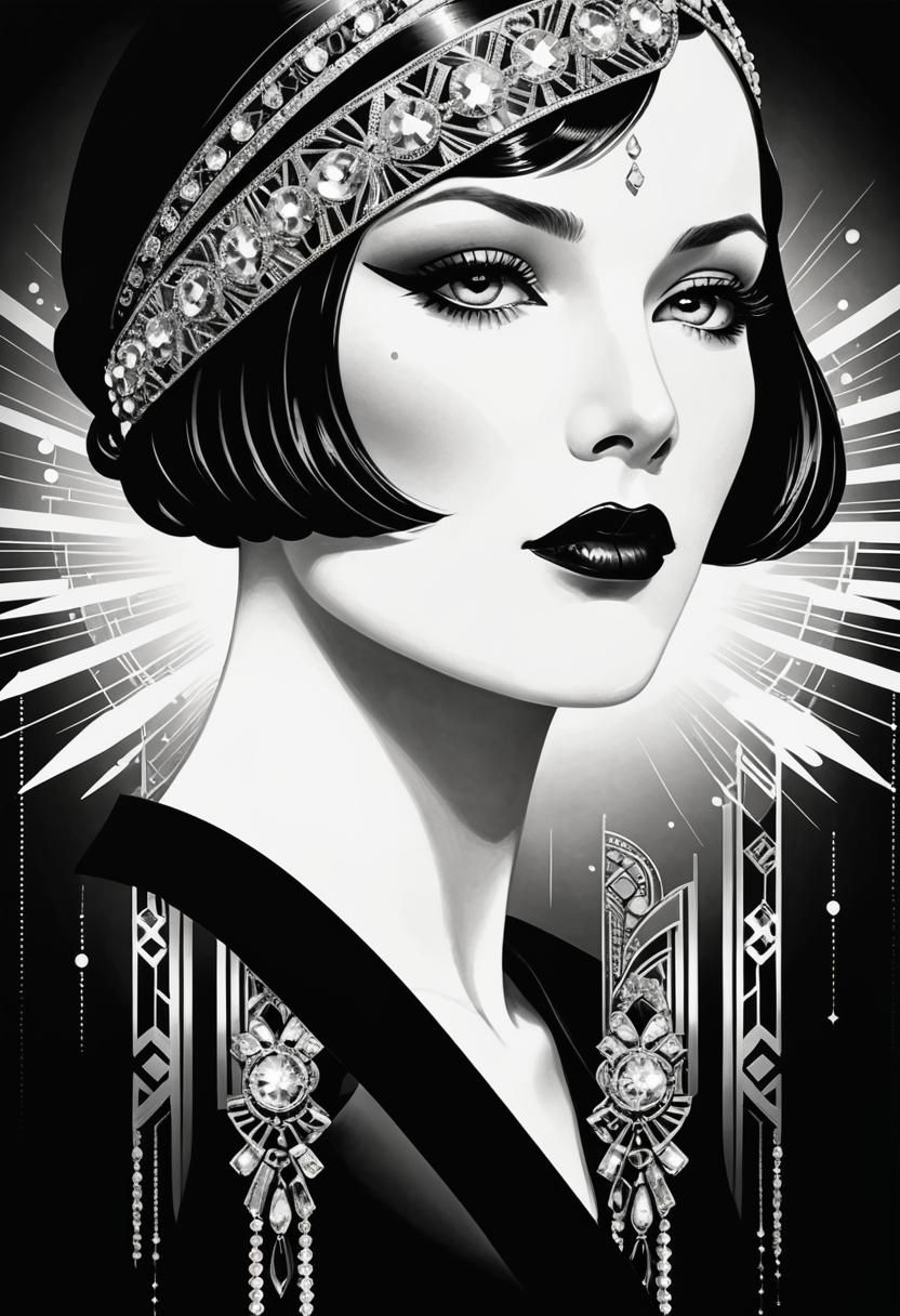 A black and white Art Deco illustration