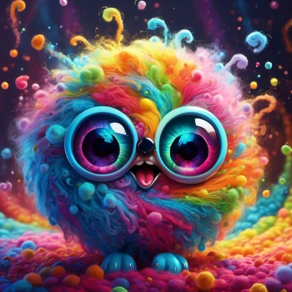 Cute Rainbow Cotton Wool Creature, Digital Art