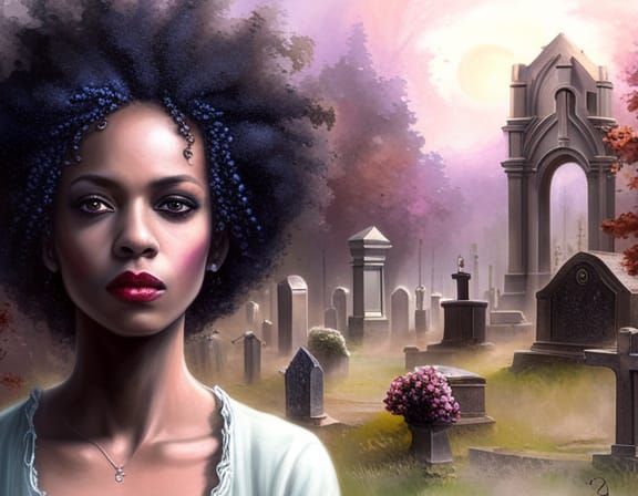 Afro Goth Woman in Ethereal Cemetery Scene